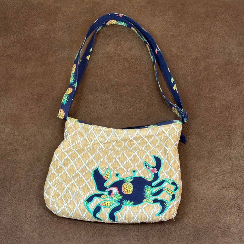 Vera Bradley Crab Pineapple Straw Crossbody Bag Navy Tan Tropical Summer